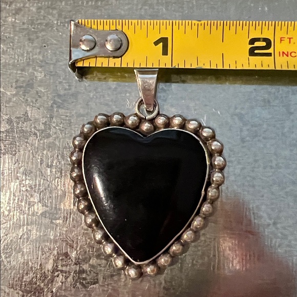 Southwestern Taxco mexican Black Heart Sterling Silver Pendant and Earring Set, - Picture 3 of 7